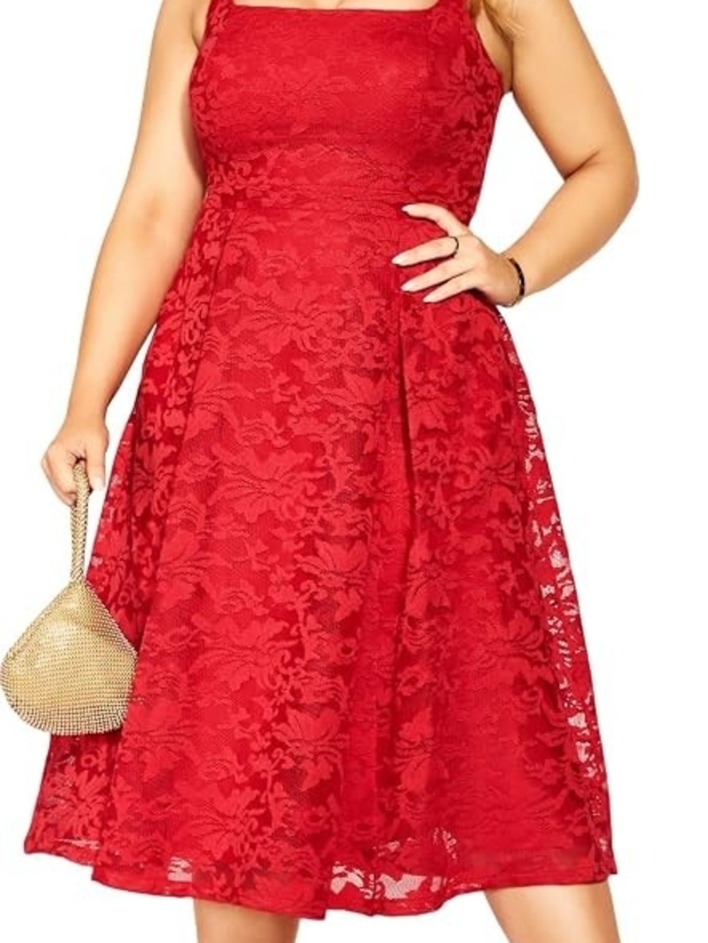 City Chic Red Lace Midi Dress with Square Neck